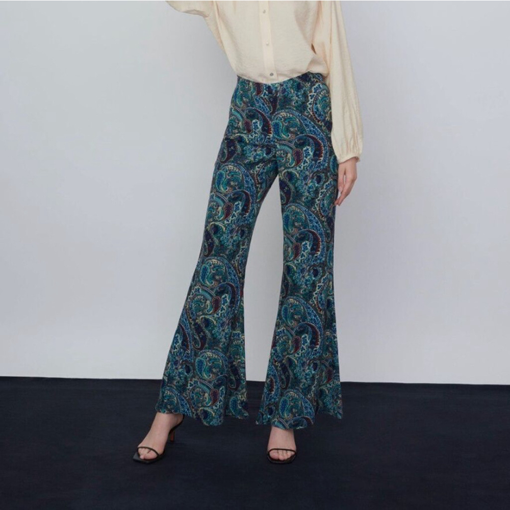 Zara Printed Flare Pants Size M Blue Multi flared paisley - Picture 5 of 11